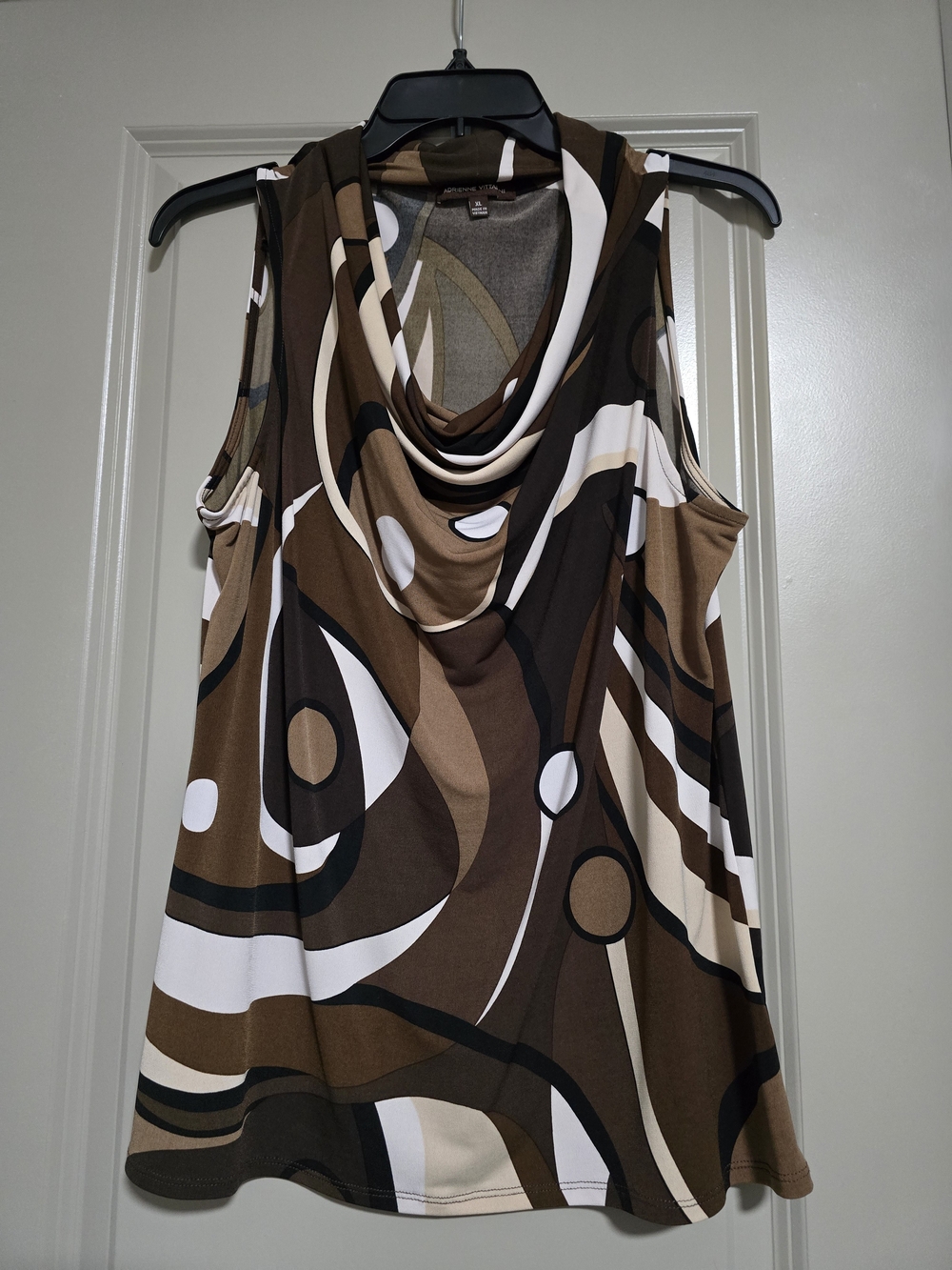 Adrienne Vittadini Brown Cream Black Abstract Cowl Neck Tank